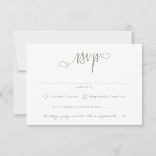 Sage Groen Wit Handgeschreven Script Eenvoudig RSVP Kaartje (Voorkant)