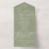 Sage Groen Wit Kalligrafie Script Trouwen All In One Uitnodiging (Binnen)