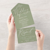 Sage Groen Wit Kalligrafie Script Trouwen All In One Uitnodiging (Afscheurbaar)