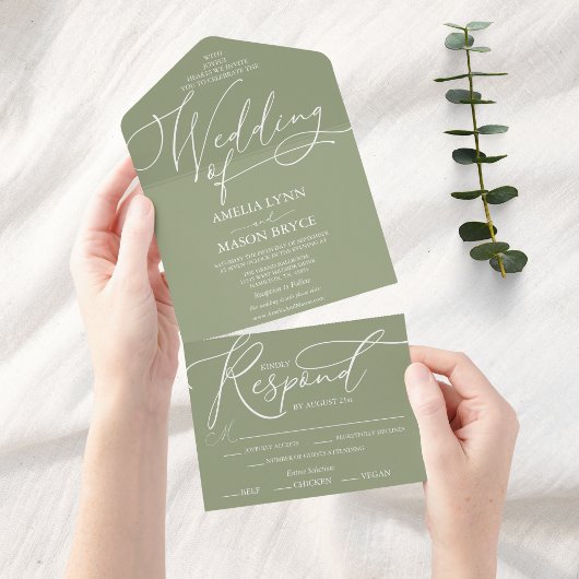 Sage Groen Wit Kalligrafie Script Trouwen All In One Uitnodiging