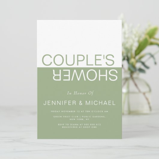 Sage groen wit kleurblok koppels bruiloft douche kaart (Staand voorkant)