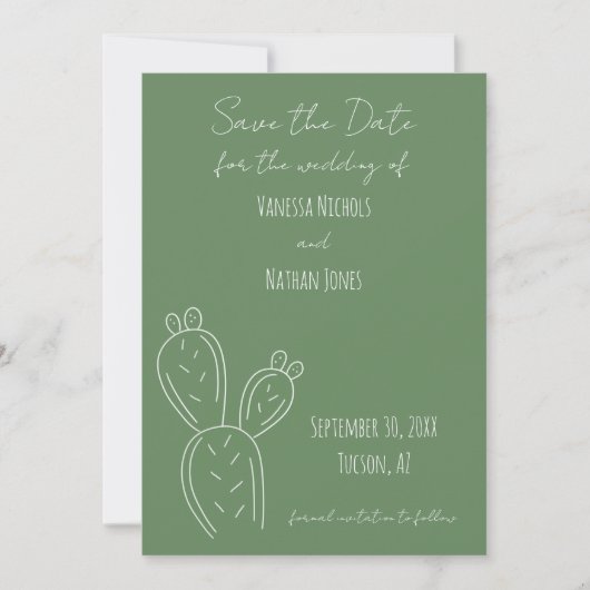 Sage Groen Wit Minimalistisch Prickly Pear Cactus Save The Date (Voorkant)