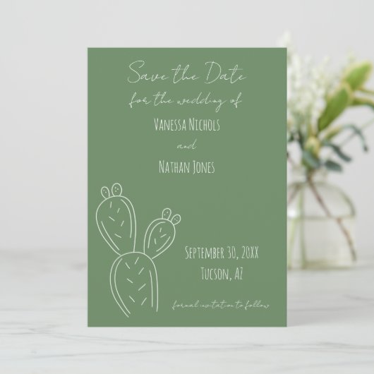 Sage Groen Wit Minimalistisch Prickly Pear Cactus Save The Date (Staand voorkant)