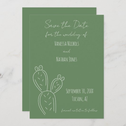 Sage Groen Wit Minimalistisch Prickly Pear Cactus Save The Date (Voorkant / Achterkant)