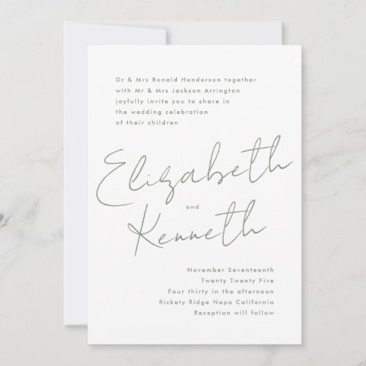 Sage Groen Wit Moderne Douanenamen Bruiloft Kaart (Voorkant)