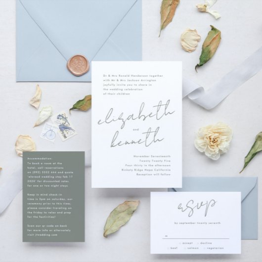 Sage Groen Wit Moderne Douanenamen Bruiloft RSVP Kaartje