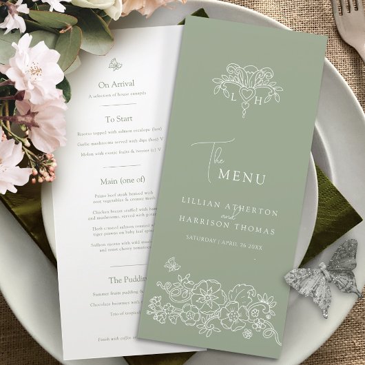 Sage groen wit monogram fleur de lis bruiloft menu