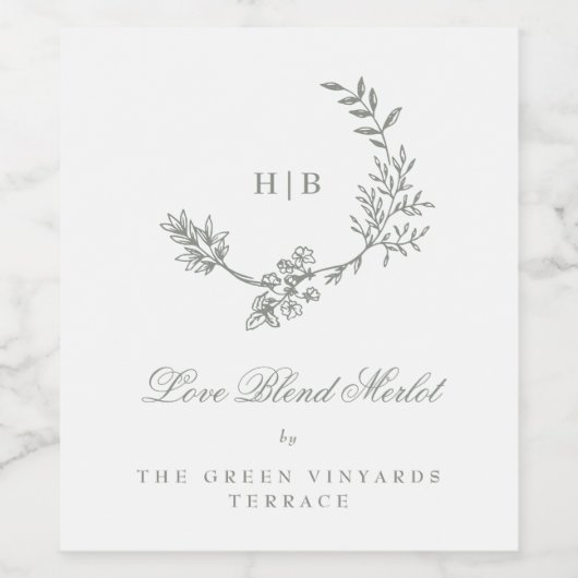 Sage Groen Wit Monogram Krans Klassieke Bruiloft Wijn Etiket (Enkel label)