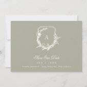 Sage Groen Wit  monogram kuif foto Save The Date (Voorkant)