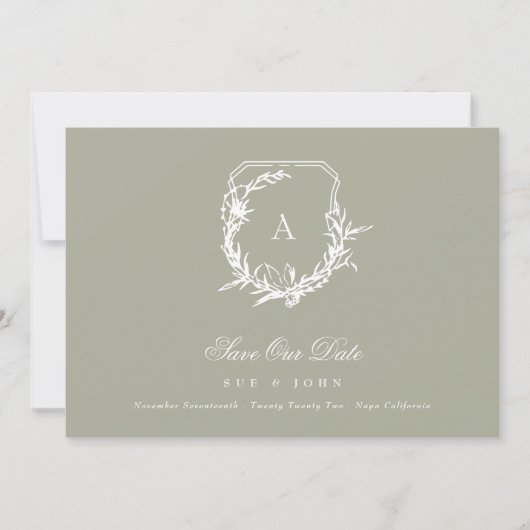 Sage Groen Wit  monogram kuif Save The Date (Voorkant)