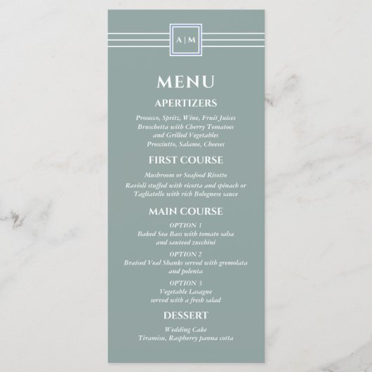 Sage Groen Wit Monogram Modern Wedding Menu (Voorkant)
