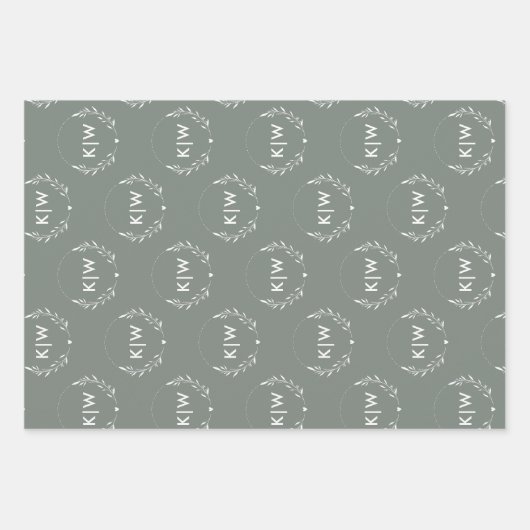 Sage Groen Wit | Monogram moderne Initialen Inpakpapier Vel (Voorkant 3)