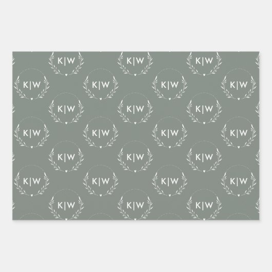 Sage Groen Wit | Monogram moderne Initialen Inpakpapier Vel (Voorkant)