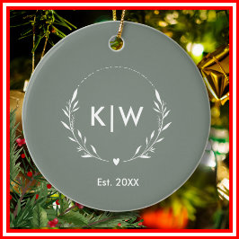 Sage Groen Wit | Monogram moderne Initialen Keramisch Ornament