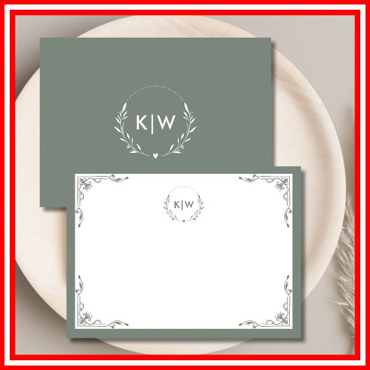 Sage Groen Wit | Monogram moderne Initialen Notitiekaartje