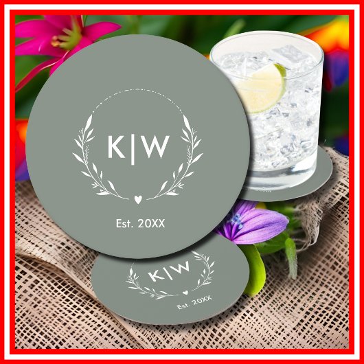 Sage Groen Wit | Monogram moderne Initialen Ronde Kartonnen Onderzetter