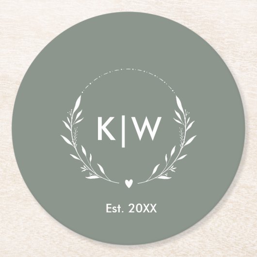 Sage Groen Wit | Monogram moderne Initialen Ronde Kartonnen Onderzetter (Voorkant)