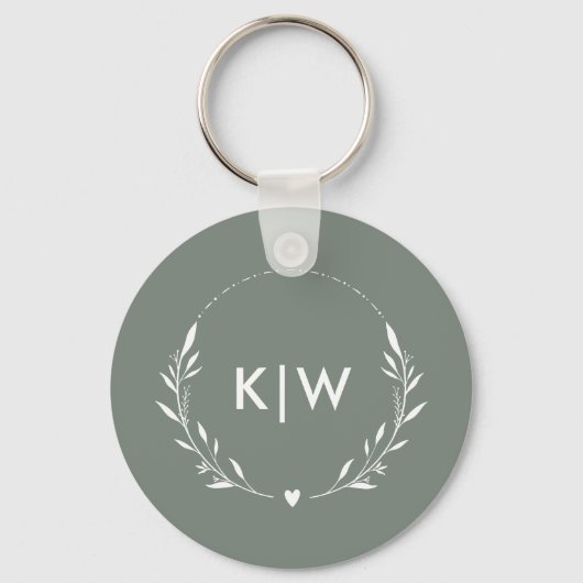 Sage Groen Wit | Monogram moderne Initialen Sleutelhanger (Voorkant)