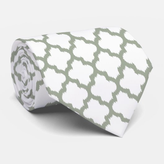 Sage-groen & Wit Quatrefoil Modern Patroon Stropdas (Opgerold)
