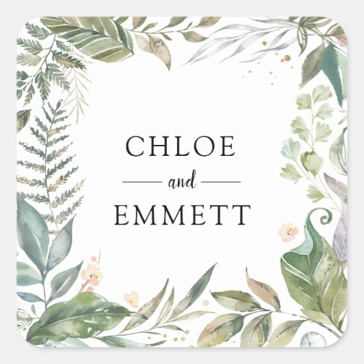 Sage Groen Wit Roze Botanische Bruiloft Vierkante Sticker (Voorkant)