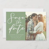Sage Groen Wit Script Paar Foto Save The Date (Voorkant)