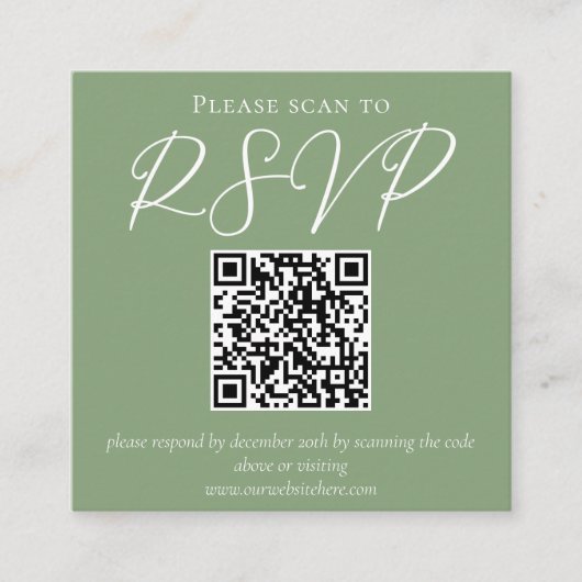 Sage Groen Wit Script QR Code Wedding RSVP Informatiekaartje (Voorkant)