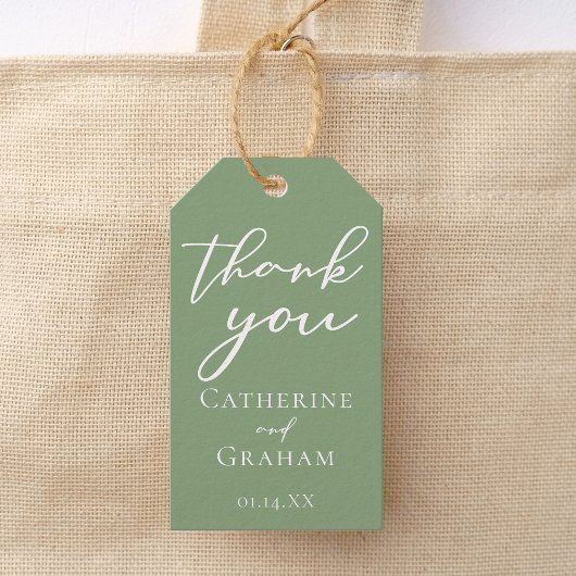 Sage Groen Wit Typografie Minimalistische bruiloft Cadeaulabel