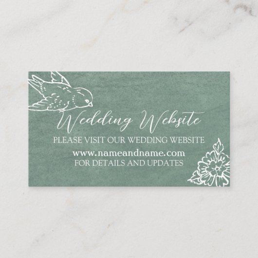 Sage Groen Wit Vogel Bloemblad Bruiloft Website Informatiekaartje (Voorkant)