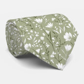 Sage Groen Witte Bloemen Bruiloftsbruidegom Grooms Stropdas (Opgerold)