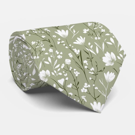 Sage Groen Witte Bloemen Bruiloftsbruidegom Grooms Stropdas (Opgerold)