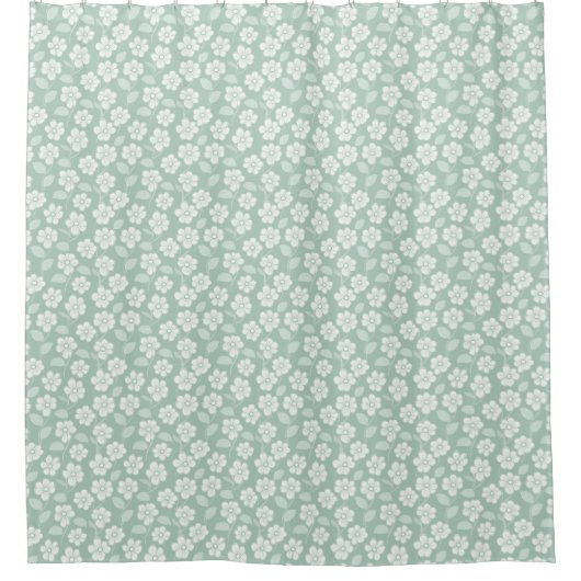 Sage Groen Witte Boho Bloemen Pastel Light Mint Douchegordijn (Voorkant)