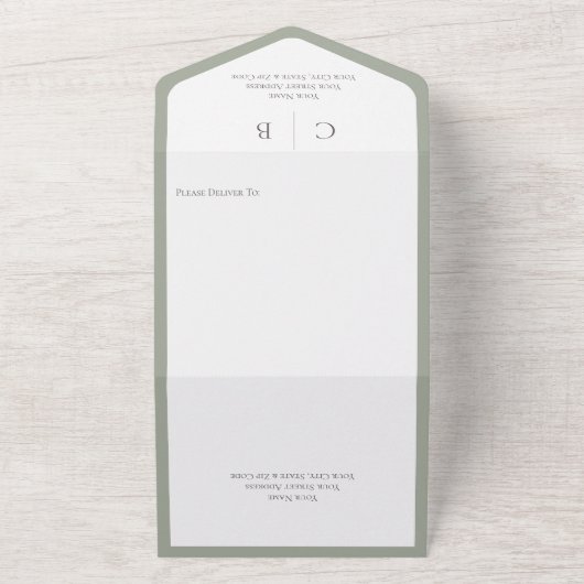 Sage Groen Witte Monogram Minimale Dinner All In One Uitnodiging (Buitenkant)
