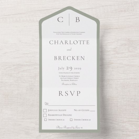 Sage Groen Witte Monogram Minimale Dinner All In One Uitnodiging (Binnen)