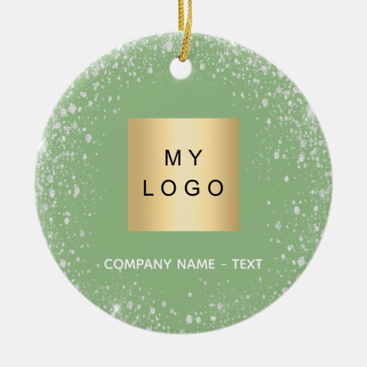 Sage groen zilver glitter bedrijf logo keramisch ornament (Voorkant)