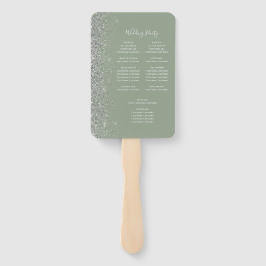 Sage Groen Zilver Glitter Edge Bruiloft Programma Handwaaier (Achterkant)