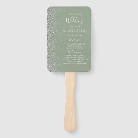Sage Groen Zilver Glitter Edge Bruiloft Programma Handwaaier (Voorkant)