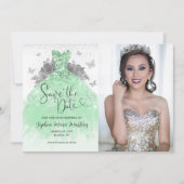 Sage Groen Zilver Glitter Jurk Quinceañera Foto Save The Date (Voorkant)