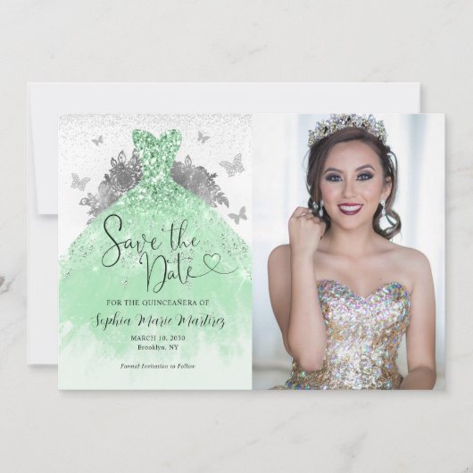 Sage Groen Zilver Glitter Jurk Quinceañera Foto Save The Date (Voorkant)