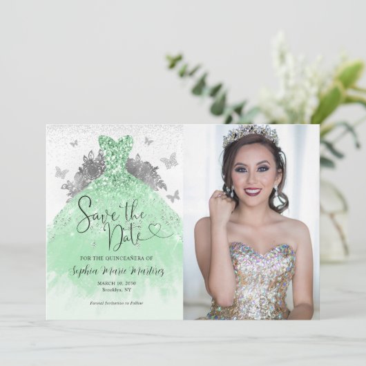 Sage Groen Zilver Glitter Jurk Quinceañera Foto Save The Date (Staand voorkant)