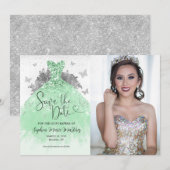 Sage Groen Zilver Glitter Jurk Quinceañera Foto Save The Date (Voorkant / Achterkant)