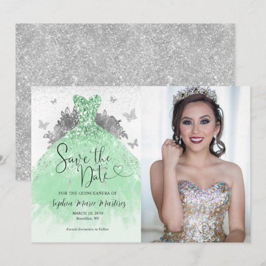 Sage Groen Zilver Glitter Jurk Quinceañera Foto Save The Date (Voorkant / Achterkant)