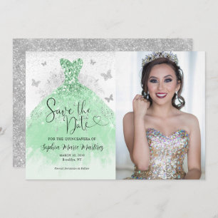Sage Groen Zilver Glitter Jurk Quinceañera Foto Save The Date