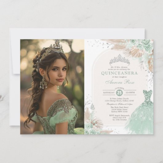 Sage Groen Zilver Quinceañera Boho Prinses Foto Kaart