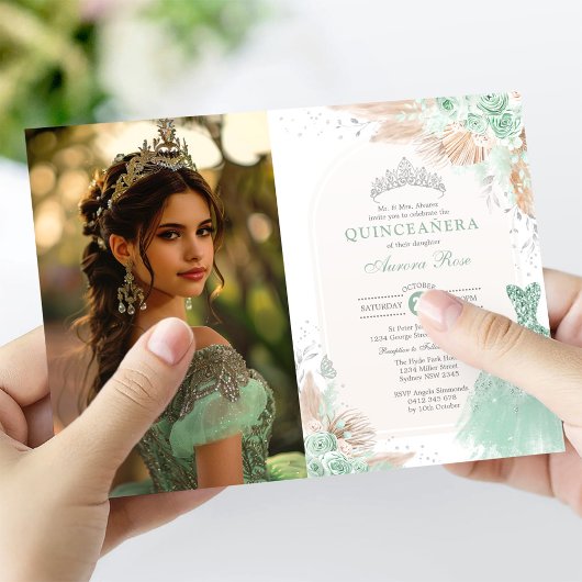 Sage Groen Zilver Quinceañera Boho Prinses Foto Kaart