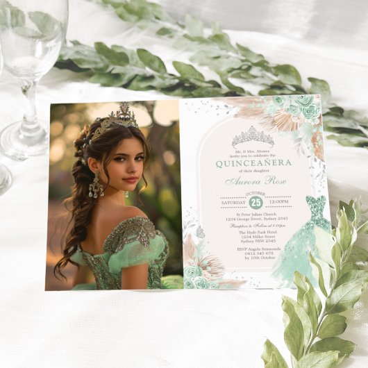 Sage Groen Zilver Quinceañera Boho Prinses Foto Kaart
