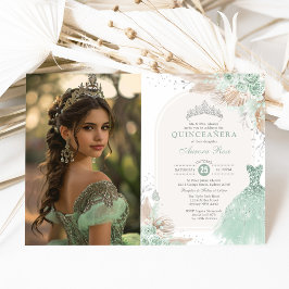 Sage Groen Zilver Quinceañera Boho Prinses Foto Kaart