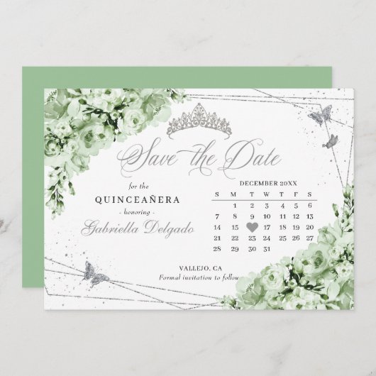 Sage Groen & Zilver Quinceañera De datum opslaan Kaart (Voorkant / Achterkant)