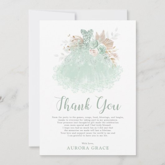 Sage Groen Zilver Quinceañera Jurk Mis Quince Bedankkaart (Voorkant)