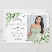 Sage Groen Zilver Quinceañera Sla de datum foto Kaart (Voorkant)