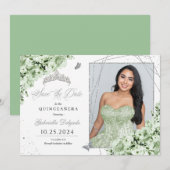 Sage Groen Zilver Quinceañera Sla de datum foto Kaart (Voorkant / Achterkant)